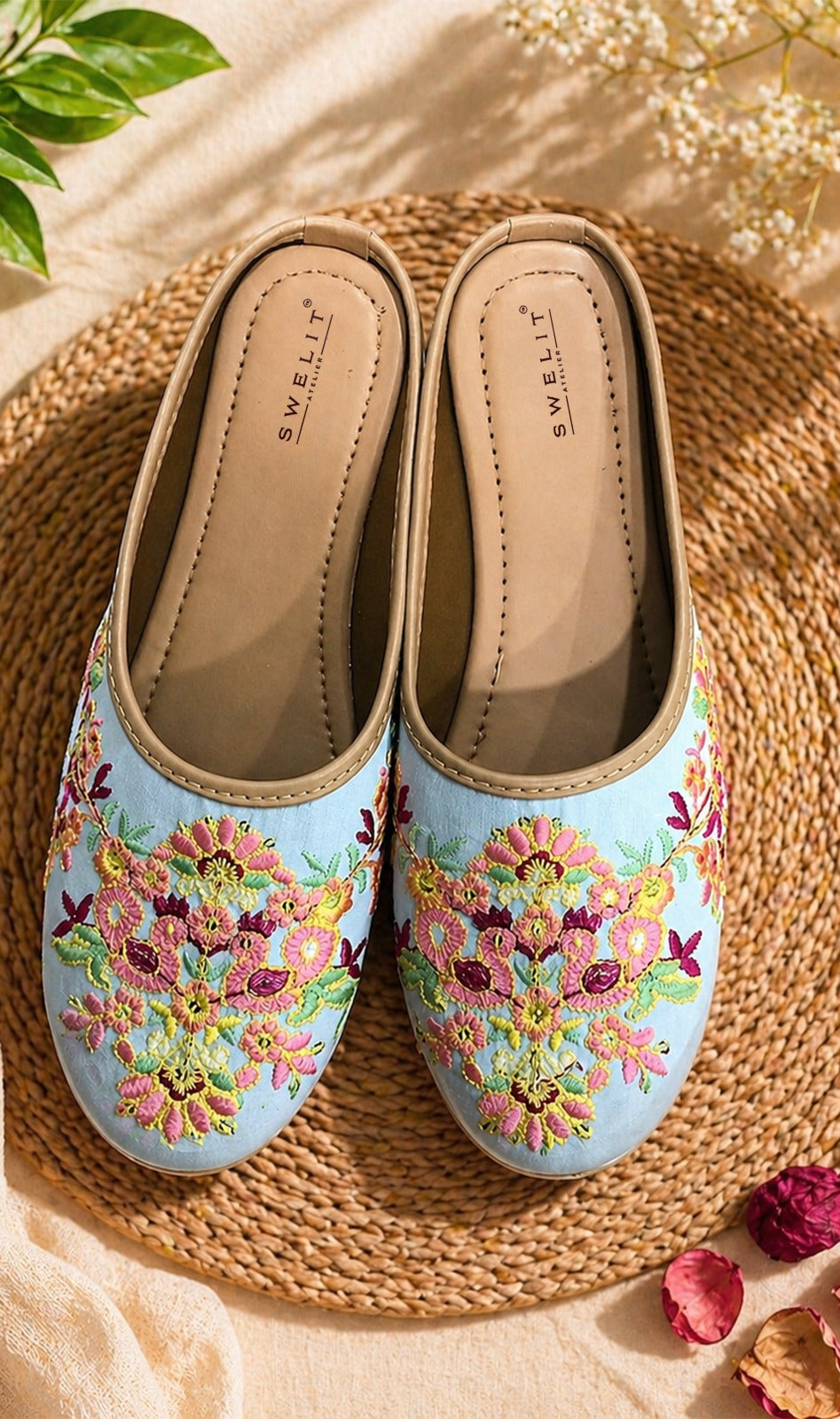 Women's Sky Blue Floral Embroidered Ethnic Mule Jutti – Slip-On Flat Footwear