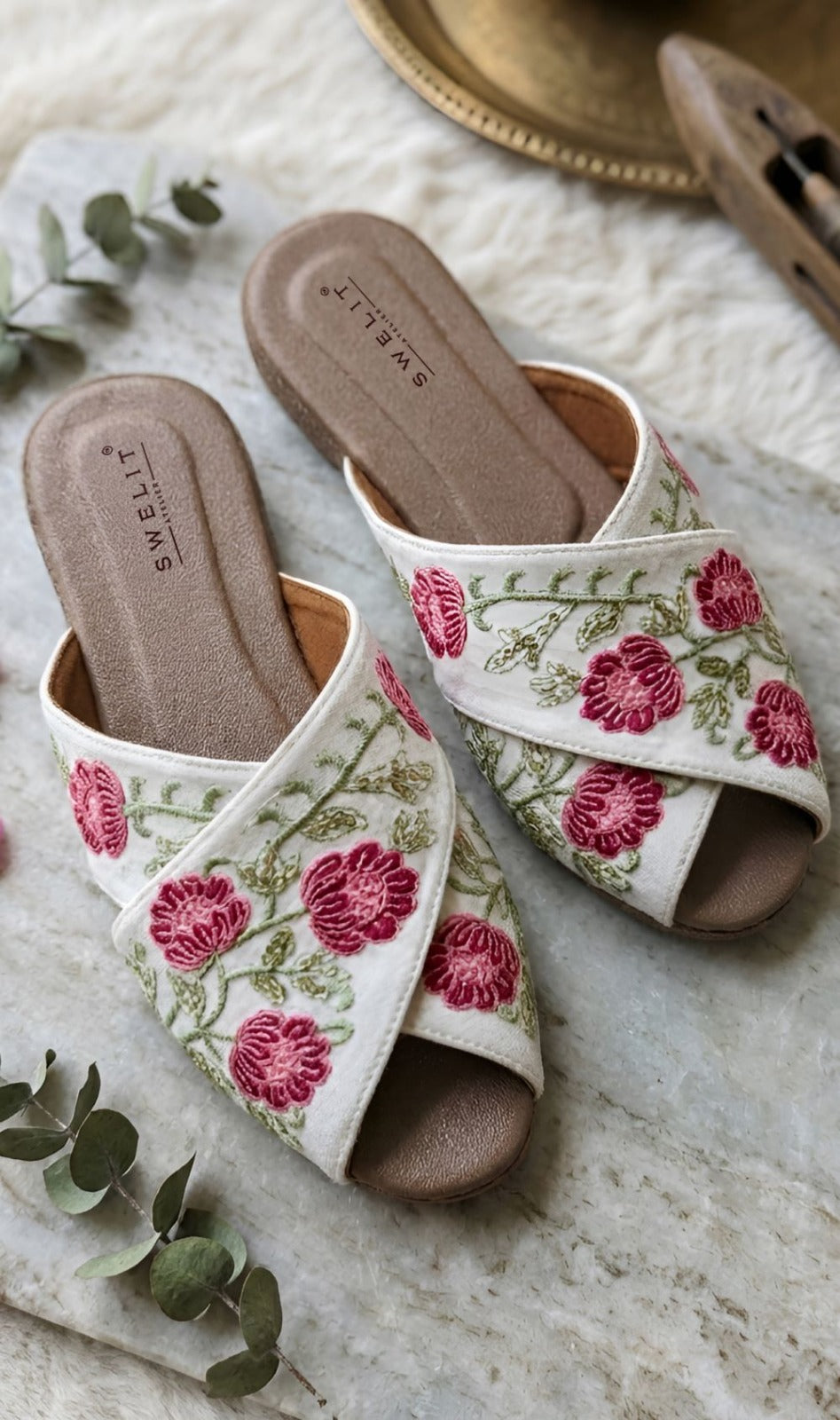 Women's Ivory Floral Embroidered Cross Strap Slide Sandals