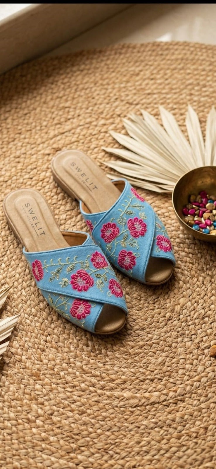 Women's Sky Blue Floral Embroidered Cross Strap Slide Sandals