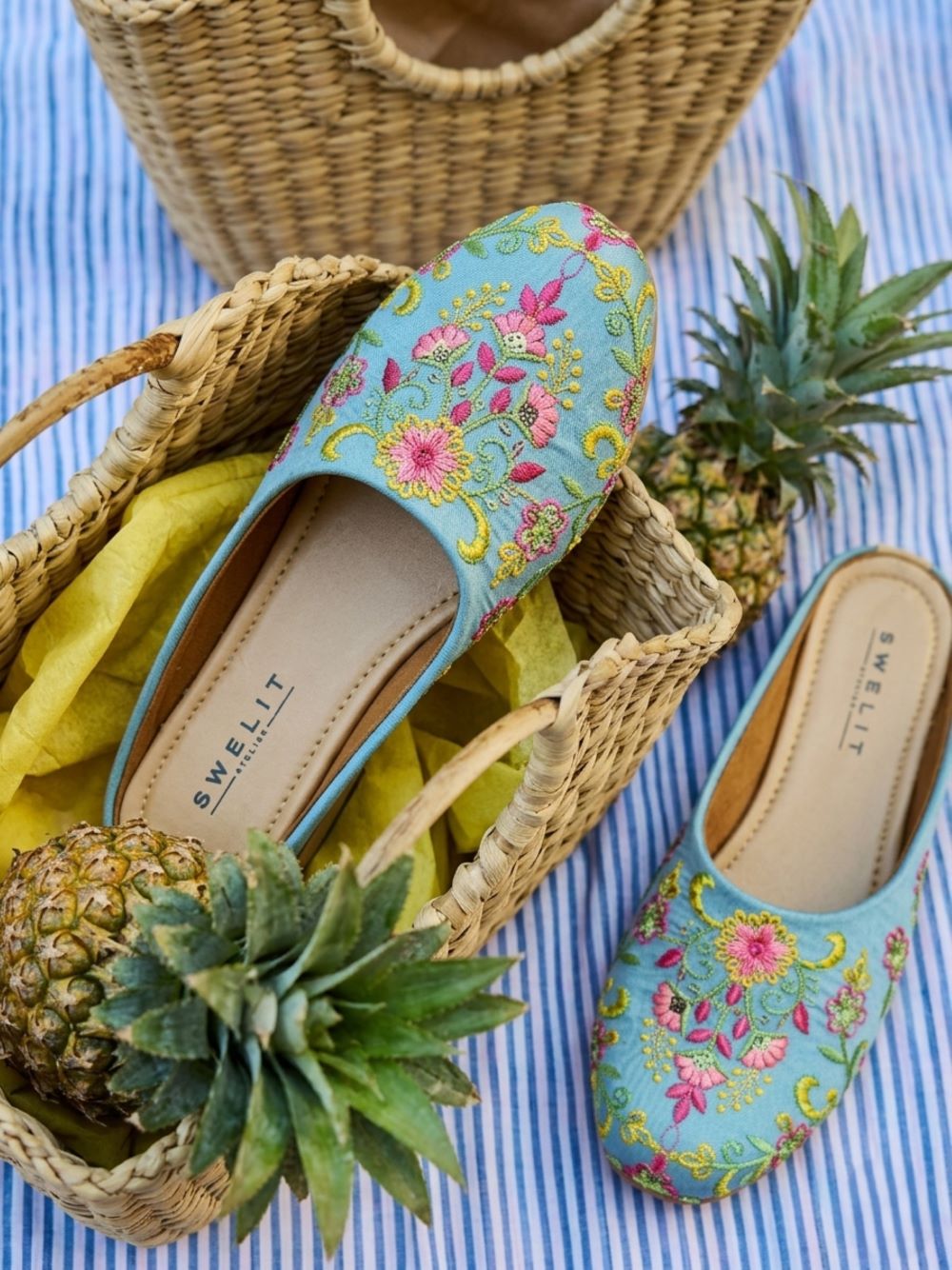 Women's Sky Blue Floral Embroidered Ethnic Mule Jutti – Slip-On Flat Footwear