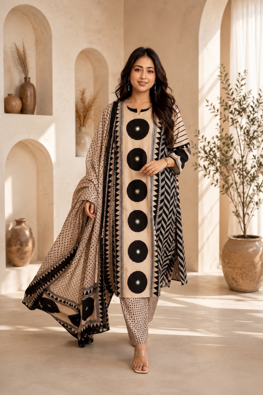 Elegant Black & Beige Printed Cotton Kurta Set with Dupatta