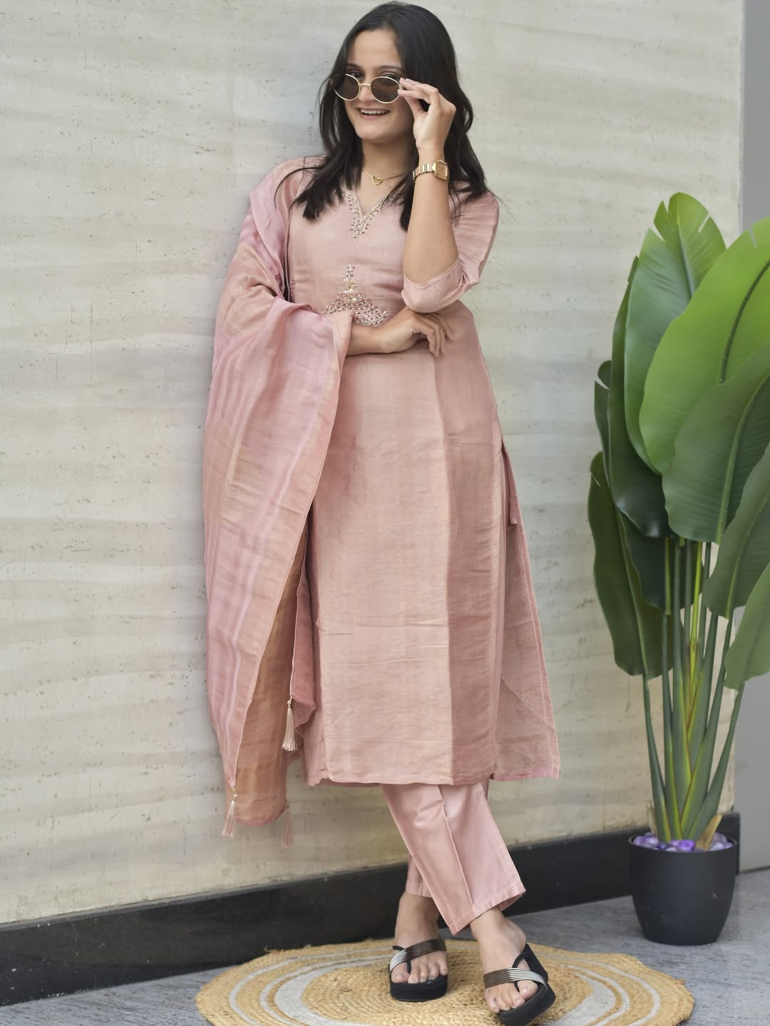 Women's Blush Pink Tissue Silk Embroidered Kurta Pant & Dupatta Set