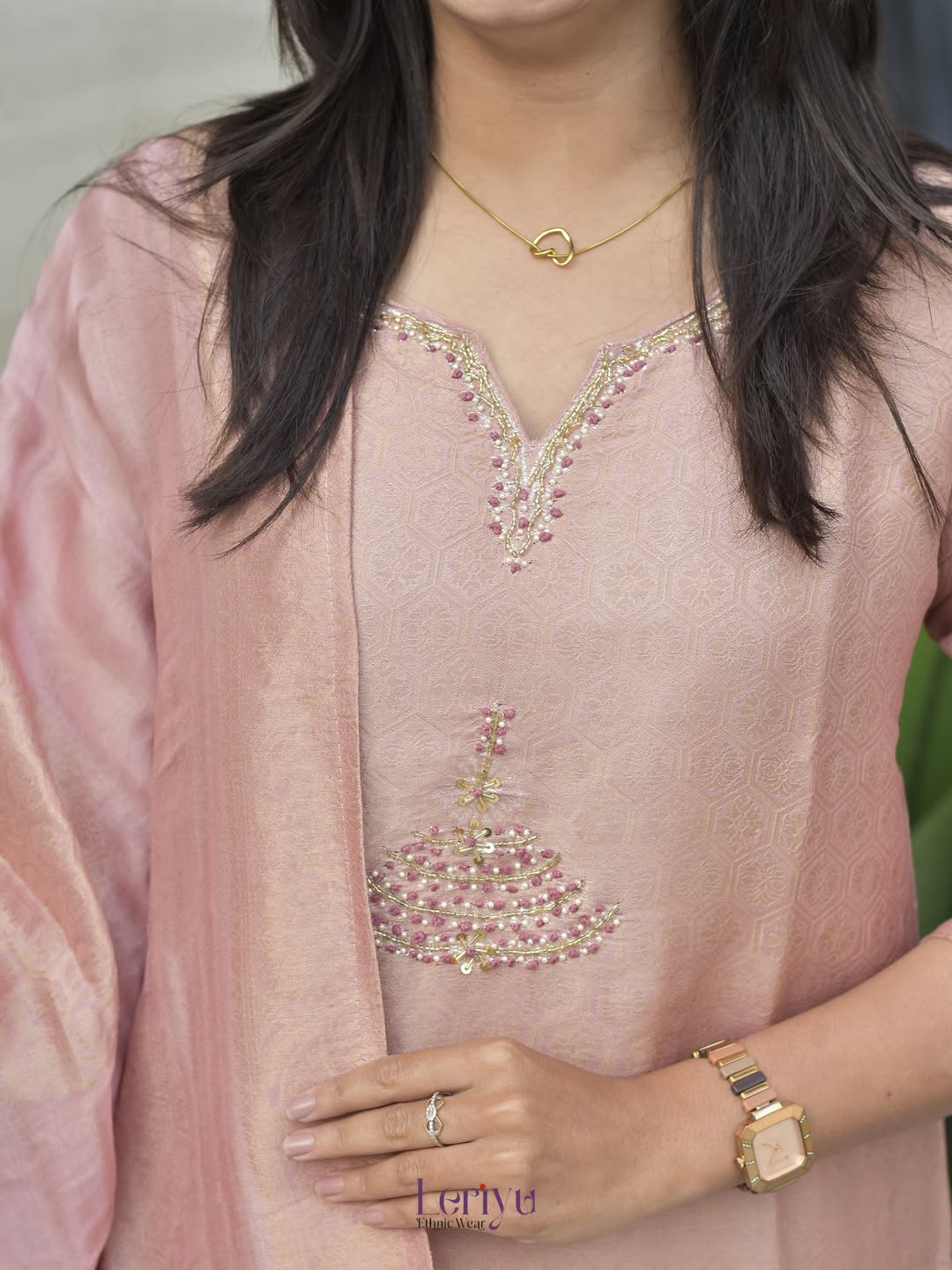 Women's Blush Pink Tissue Silk Embroidered Kurta Pant & Dupatta Set