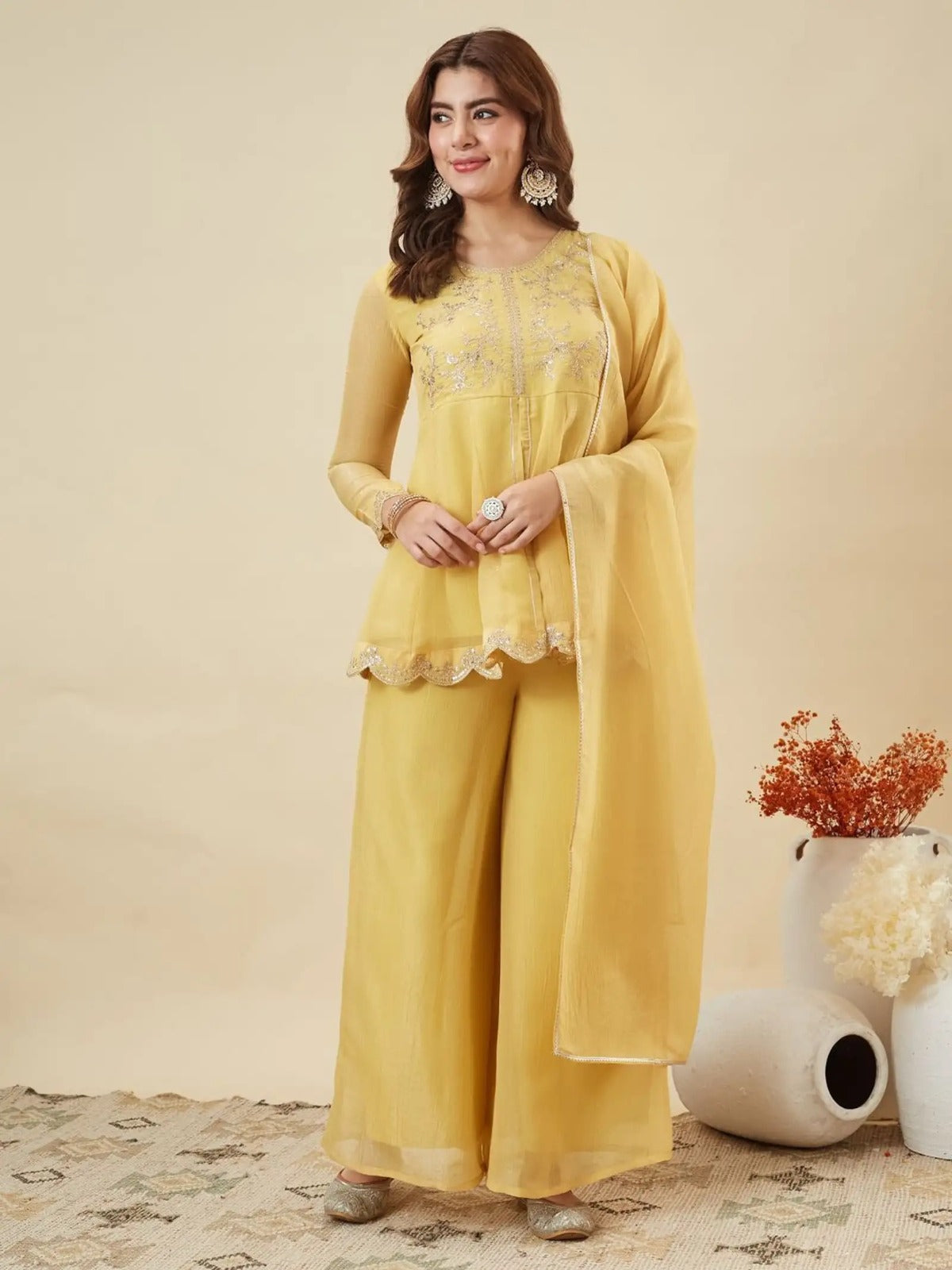 Women's Mustard Yellow Embroidered Kurta Palazzo Set with Dupatta