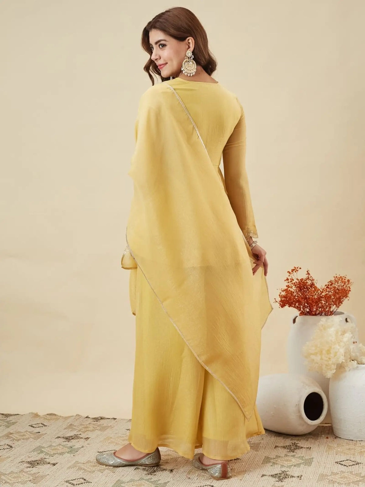 Women's Mustard Yellow Embroidered Kurta Palazzo Set with Dupatta