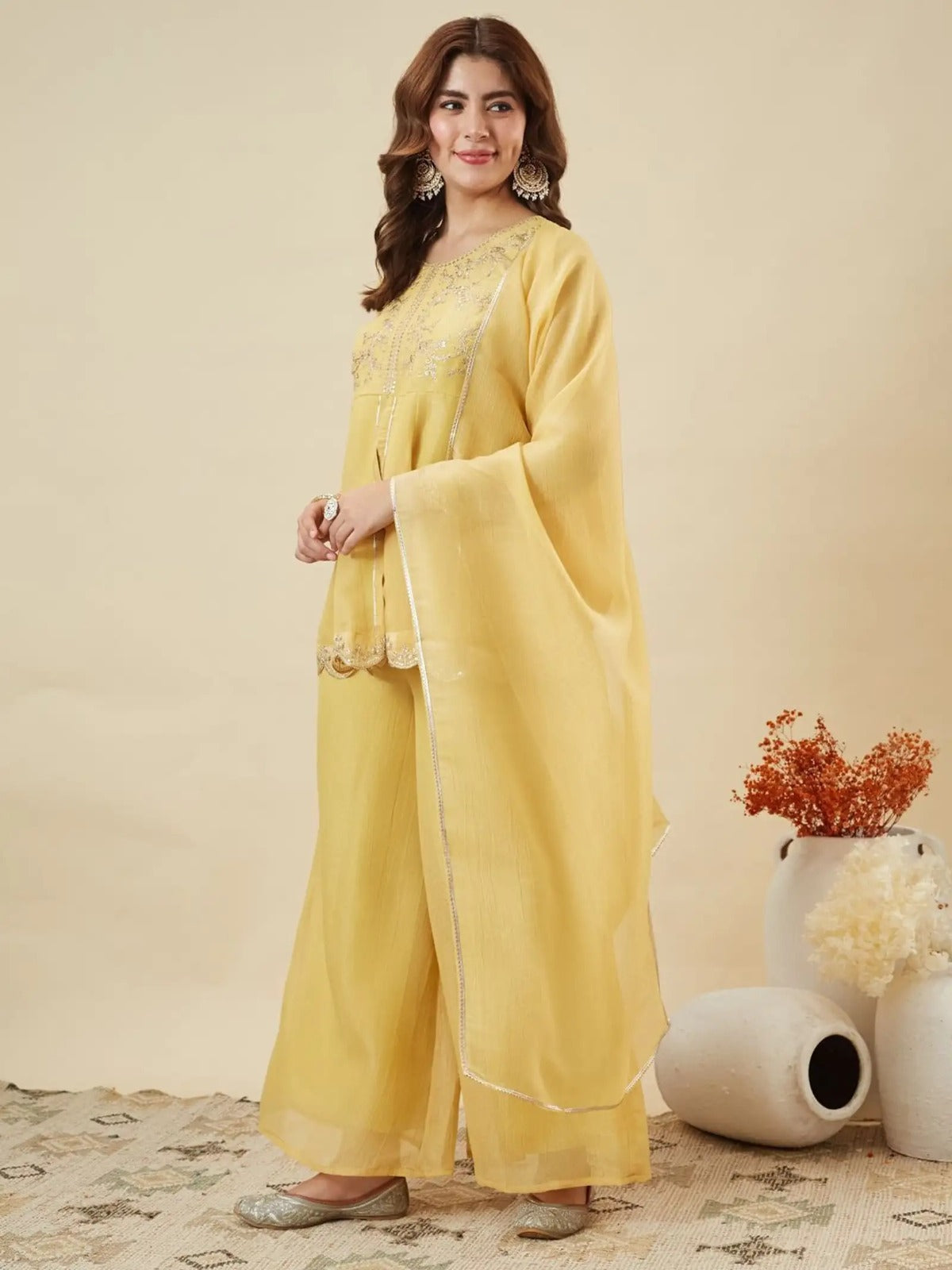 Women's Mustard Yellow Embroidered Kurta Palazzo Set with Dupatta