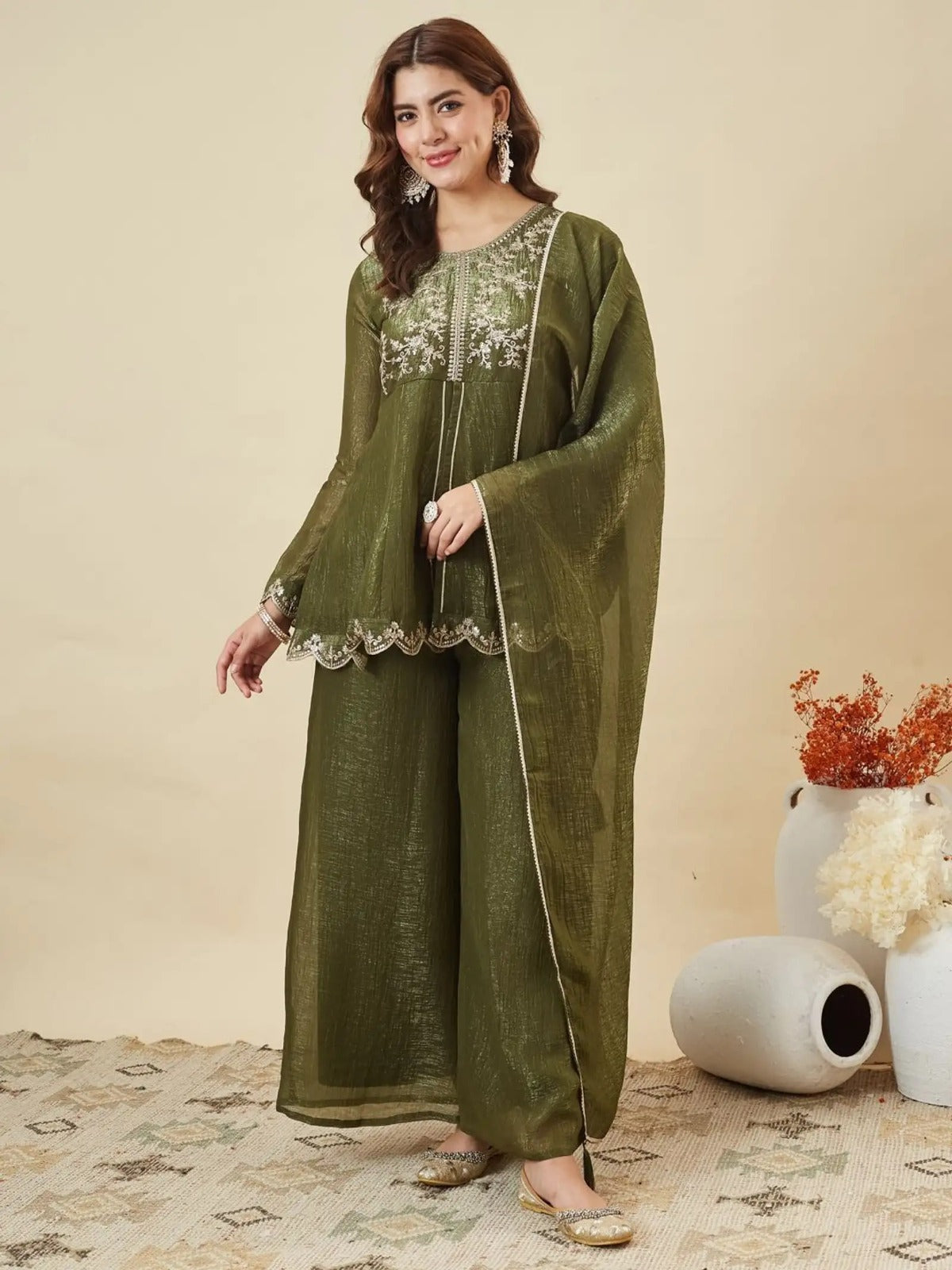 Women's Olive Green Embroidered Kurta Palazzo Set with Dupatta
