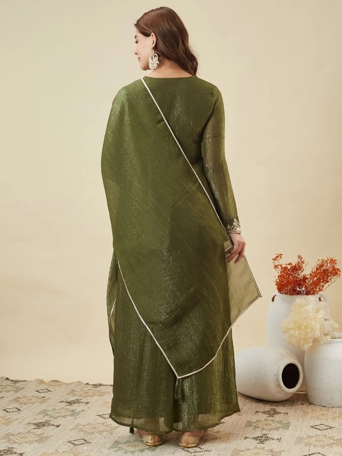 Women's Olive Green Embroidered Kurta Palazzo Set with Dupatta