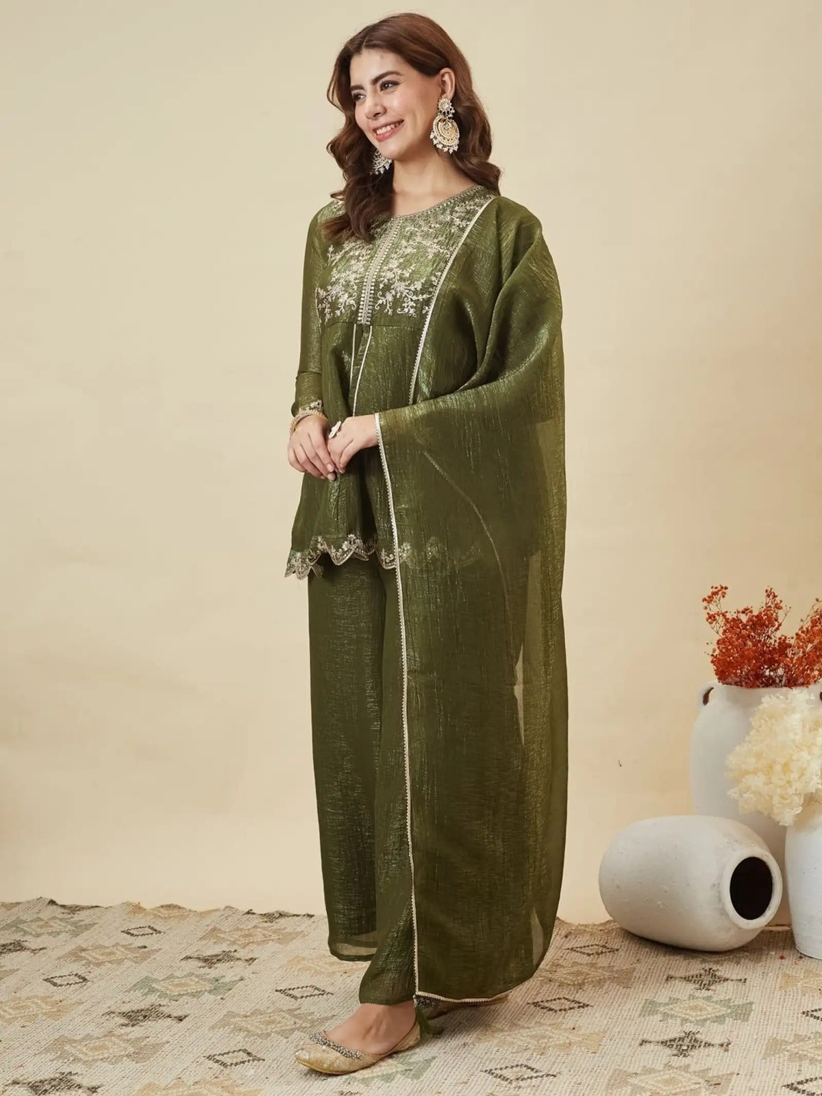 Women's Olive Green Embroidered Kurta Palazzo Set with Dupatta