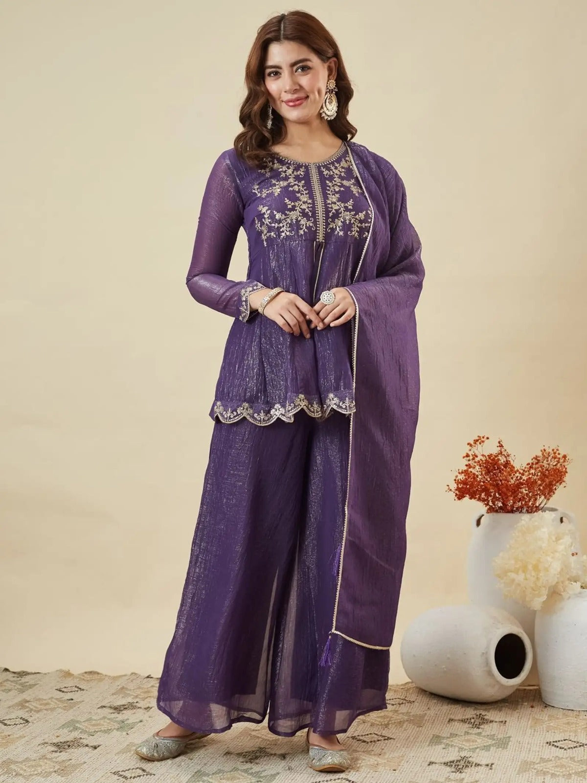 Women's Purple Embroidered Kurta Palazzo Set with Dupatta