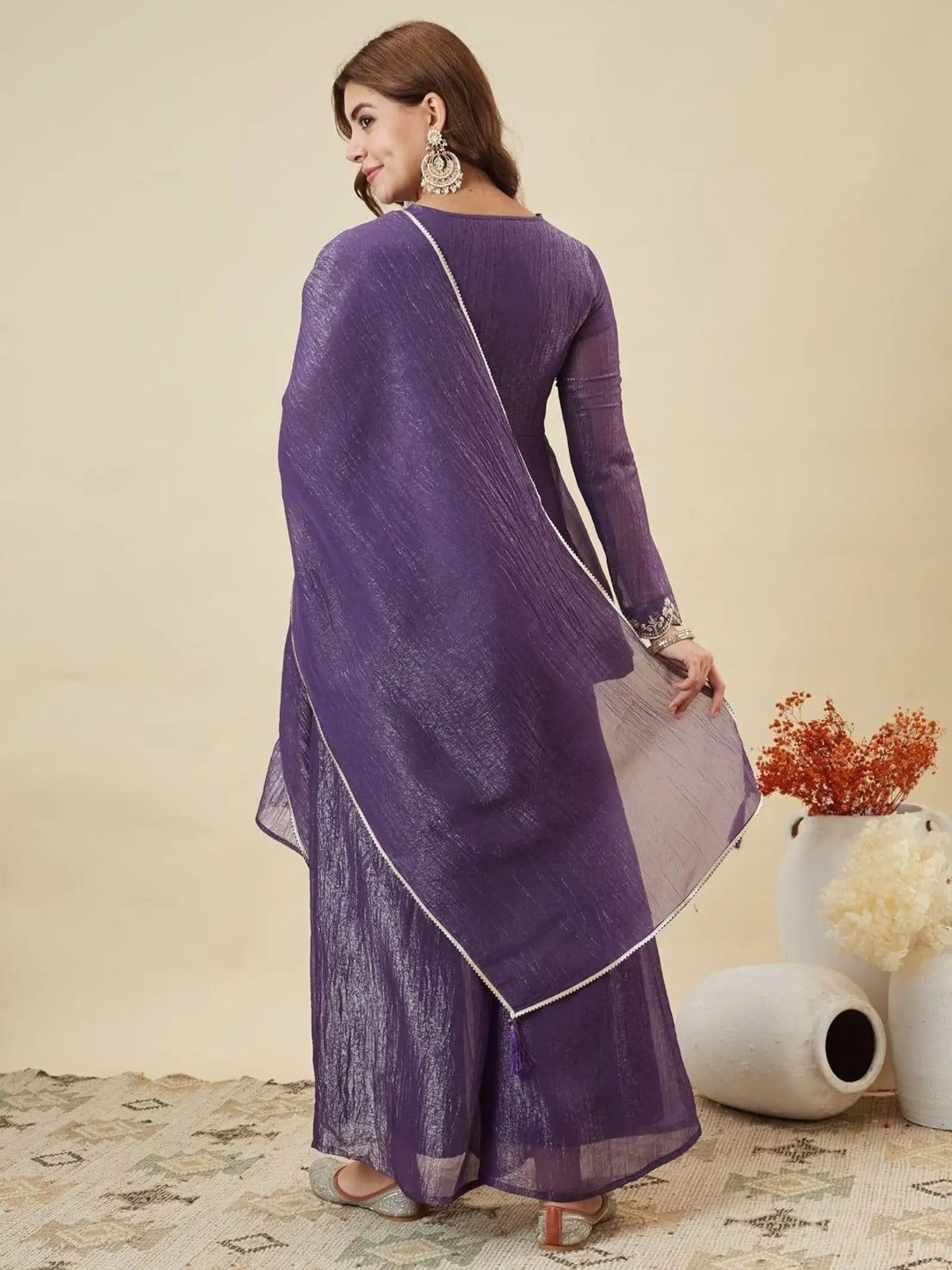Women's Purple Embroidered Kurta Palazzo Set with Dupatta