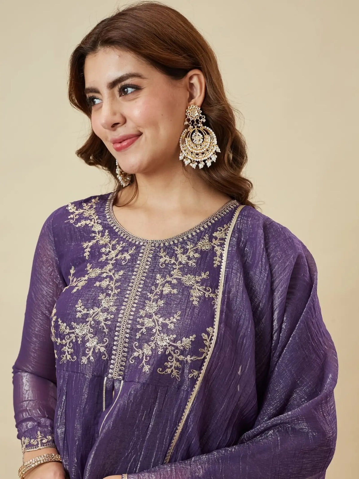 Women's Purple Embroidered Kurta Palazzo Set with Dupatta