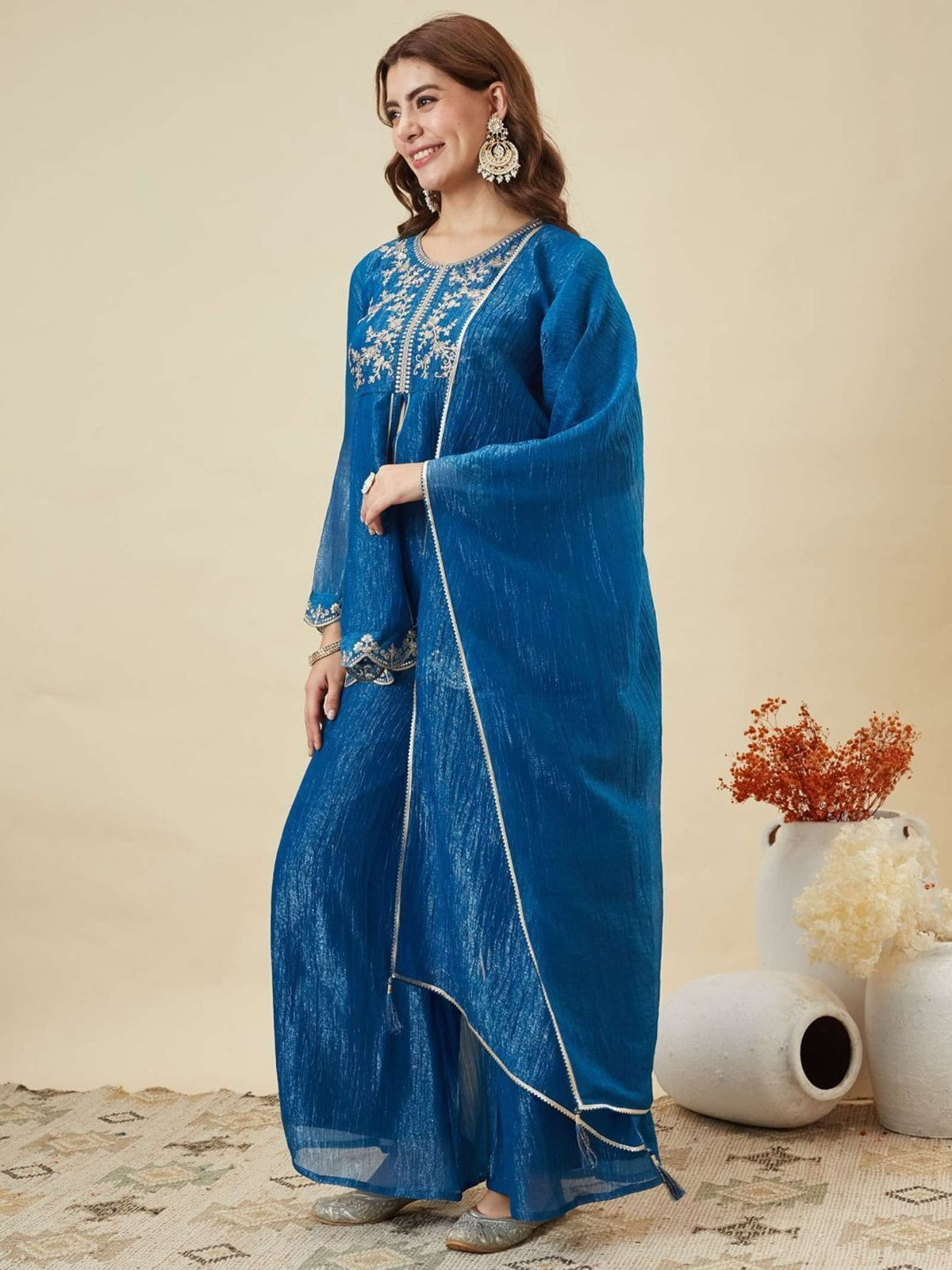 Women's Royal Blue Embroidered Kurta Palazzo Set with Dupatta