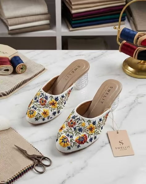 Women's Navy Blue Daisy Floral Embroidered EthniWomen's White Floral Embroidered Transparent Block Heel Mule Sandalsc Mule Jutti – Slip-On Flat Footwear (Copy)