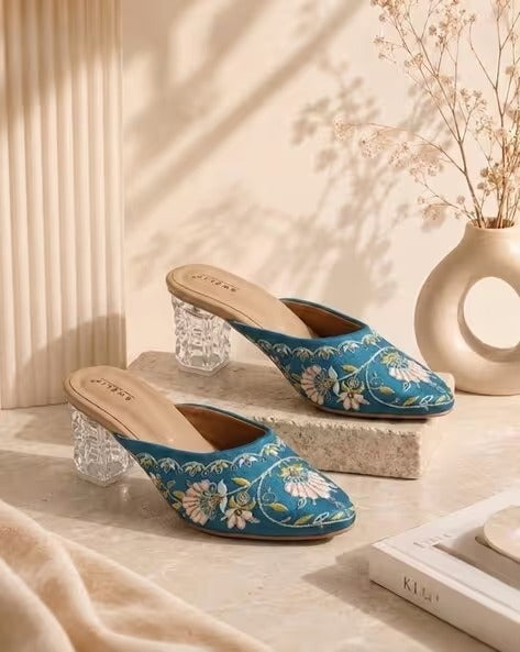 Women's Blue Floral Embroidered Transparent Block Heel Mule Sandals