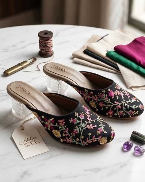 Women's Black Floral Embroidered Transparent Block Heel Mule Sandals