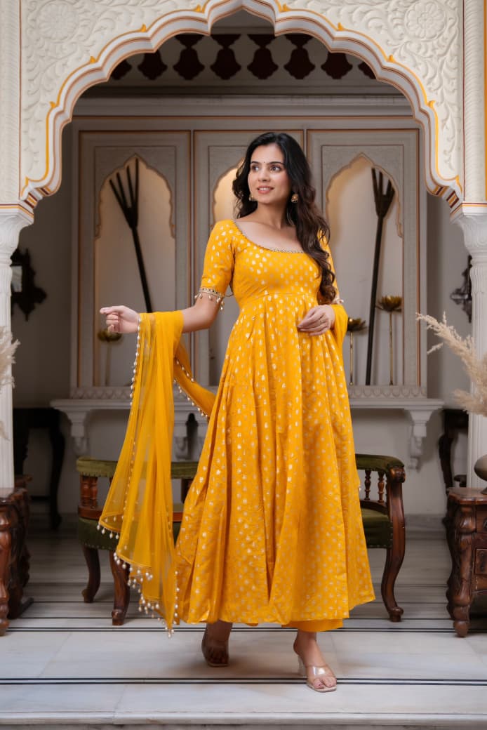 Mustard Yellow Foil Print Anarkali Gown Set with Dupatta