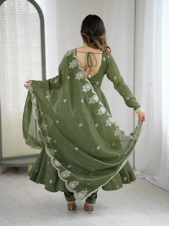 Women's Olive Green Embroidered Anarkali Kurta Pant & Dupatta Set