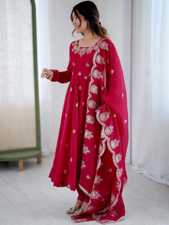 Women's Rani Pink Embroidered Anarkali Kurta Pant & Dupatta Set