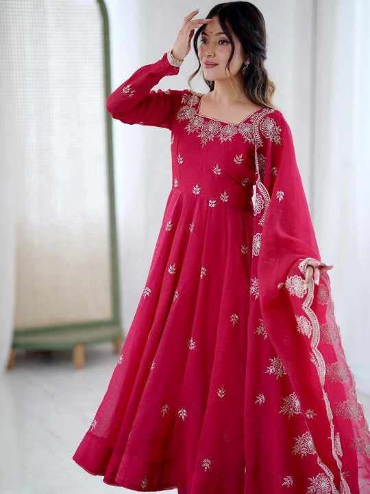 Women's Rani Pink Embroidered Anarkali Kurta Pant & Dupatta Set