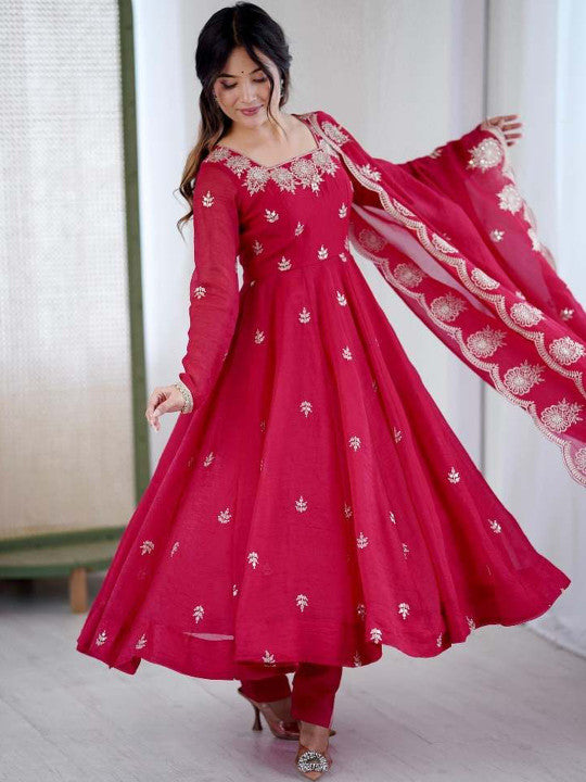Women's Rani Pink Embroidered Anarkali Kurta Pant & Dupatta Set