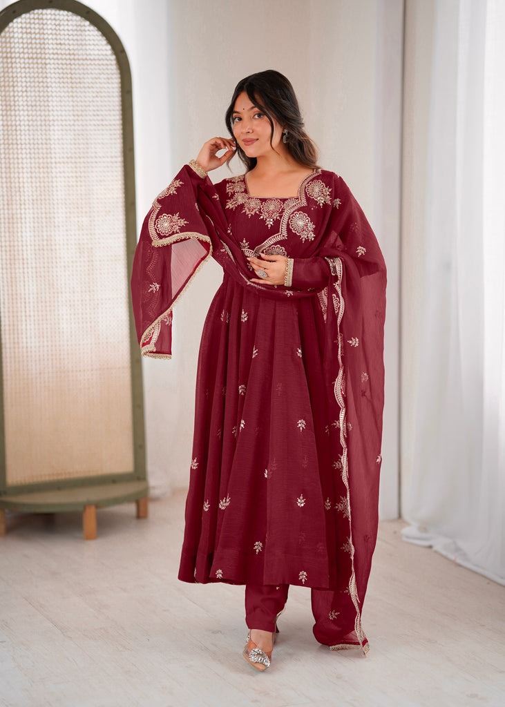 Women's Maroon Embroidered Anarkali Kurta Pant & Dupatta Set