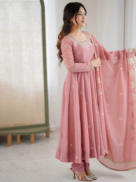 Women's Dusty Pink Embroidered Anarkali Kurta Pant & Dupatta Set