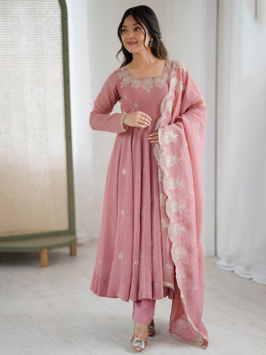 Women's Dusty Pink Embroidered Anarkali Kurta Pant & Dupatta Set