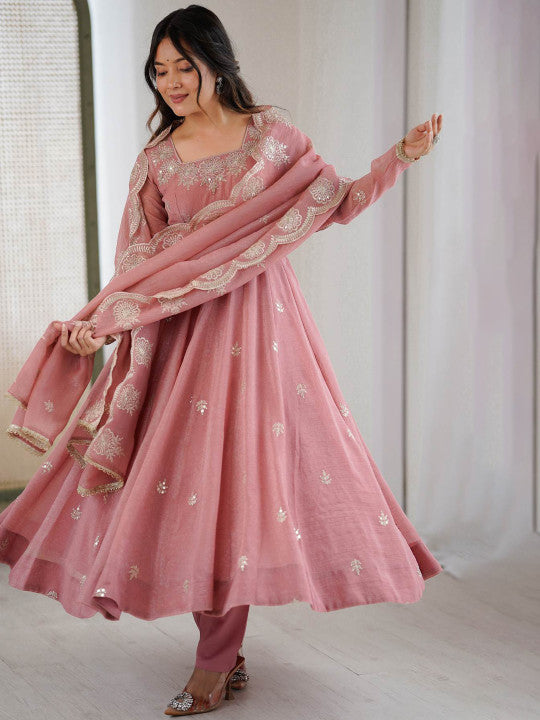 Women's Dusty Pink Embroidered Anarkali Kurta Pant & Dupatta Set
