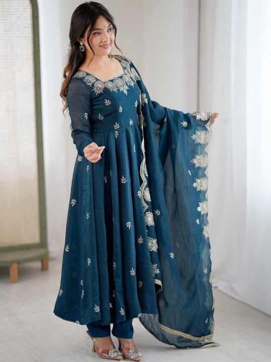 Women's Teal Blue Embroidered Anarkali Kurta Pant & Dupatta Set)
