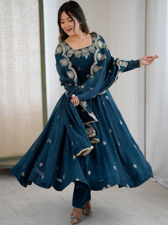 Women's Teal Blue Embroidered Anarkali Kurta Pant & Dupatta Set)