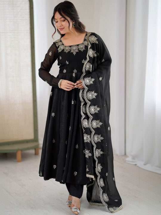 Women's Black Embroidered Anarkali Kurta Pant & Dupatta Set