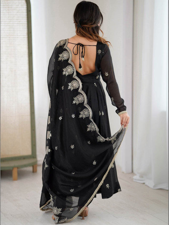 Women's Black Embroidered Anarkali Kurta Pant & Dupatta Set