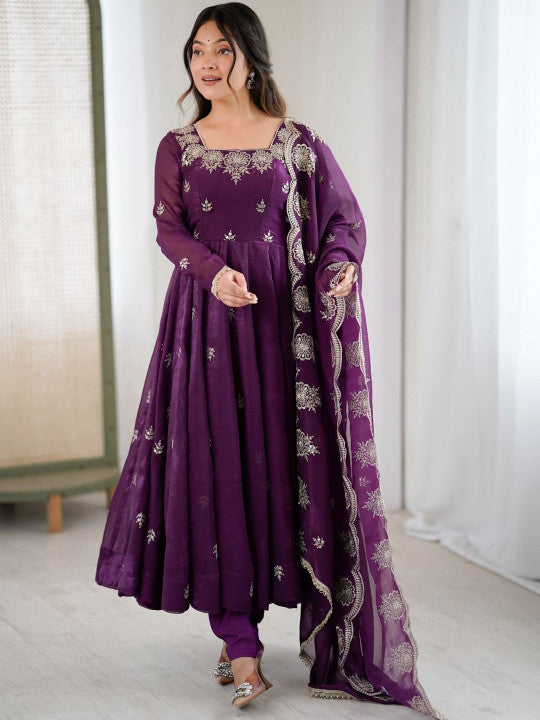 Women's Purple Embroidered Anarkali Kurta Pant & Dupatta Set