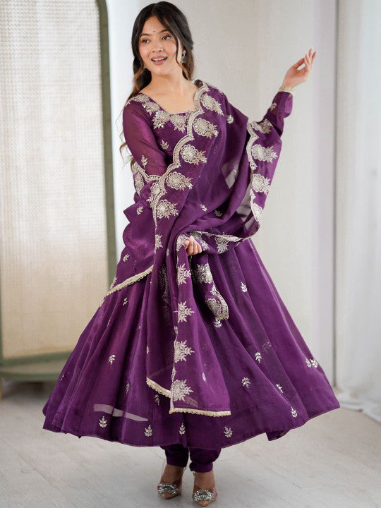Women's Purple Embroidered Anarkali Kurta Pant & Dupatta Set