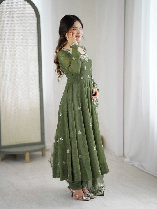 Women's Olive Green Embroidered Anarkali Kurta Pant & Dupatta Set
