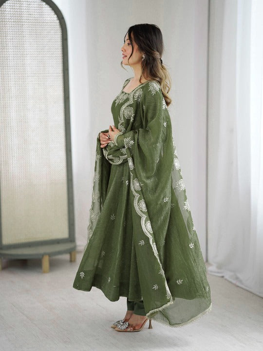 Women's Olive Green Embroidered Anarkali Kurta Pant & Dupatta Set
