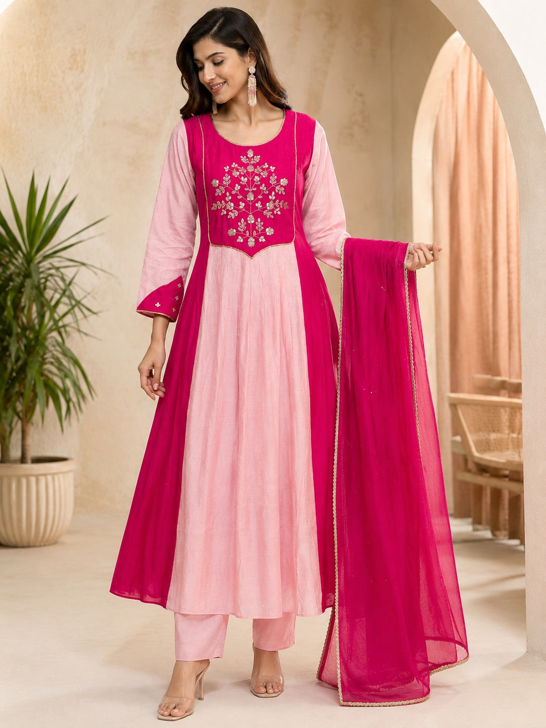 Blush Pink Embroidered Anarkali Suit Set with Magenta Dupatta