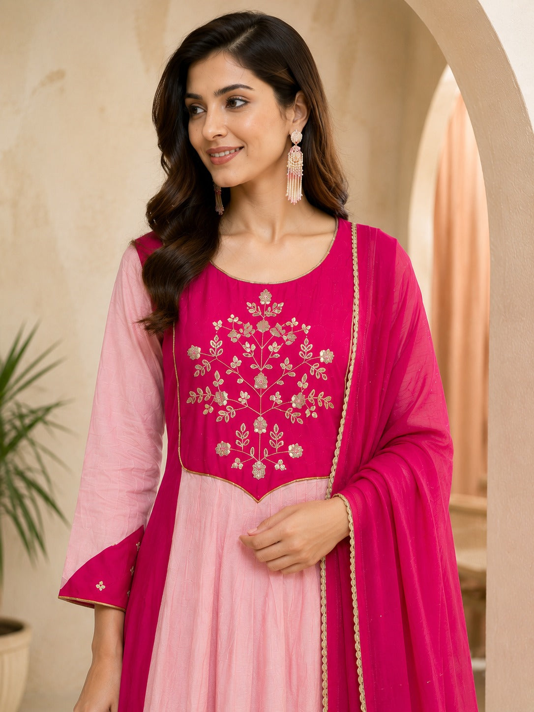 Blush Pink Embroidered Anarkali Suit Set with Magenta Dupatta