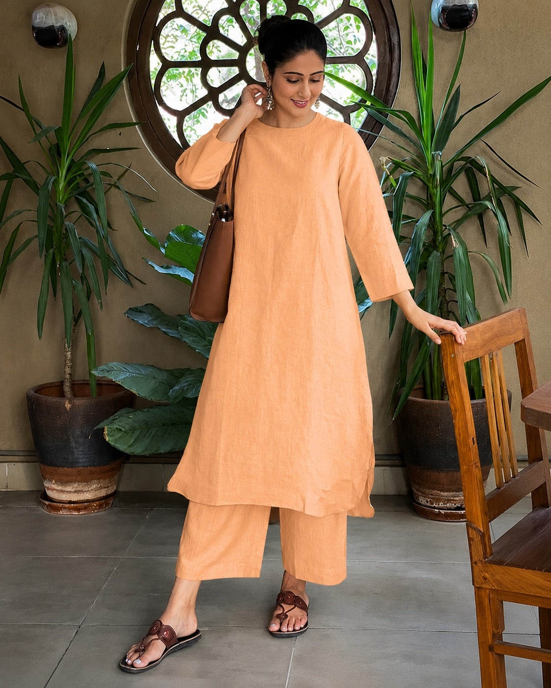 Women's Solid Peach Cotton Linen Kurta with Palazzo Set