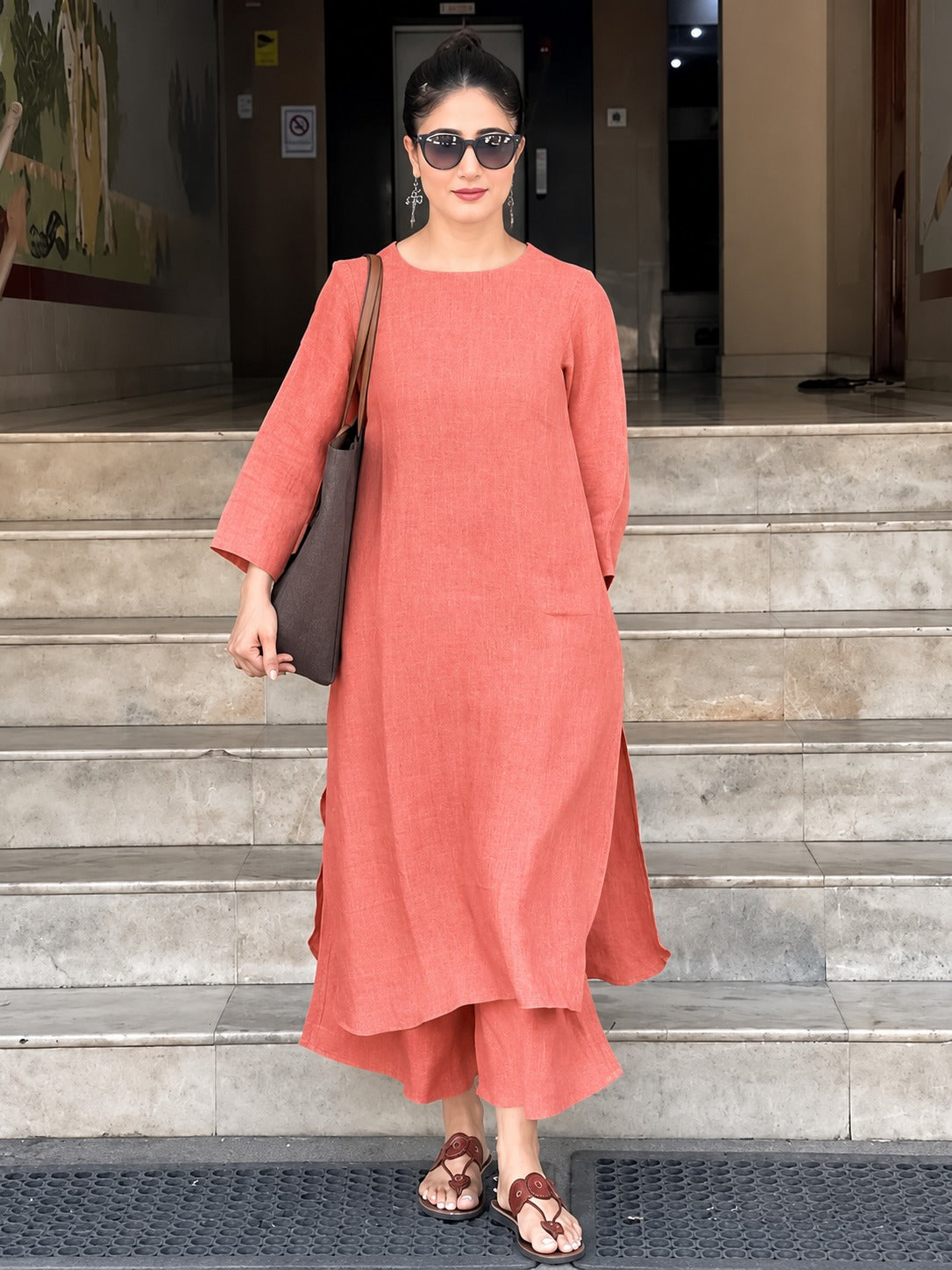 Women's Solid Coral Orange Cotton Linen Straight Kurta Palazzo Set