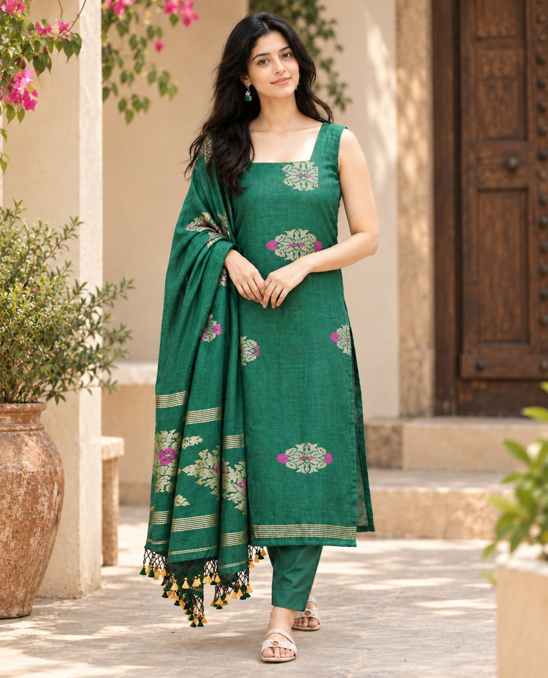Emerald Green Floral Printed Kurta Pant Set with Dupatta