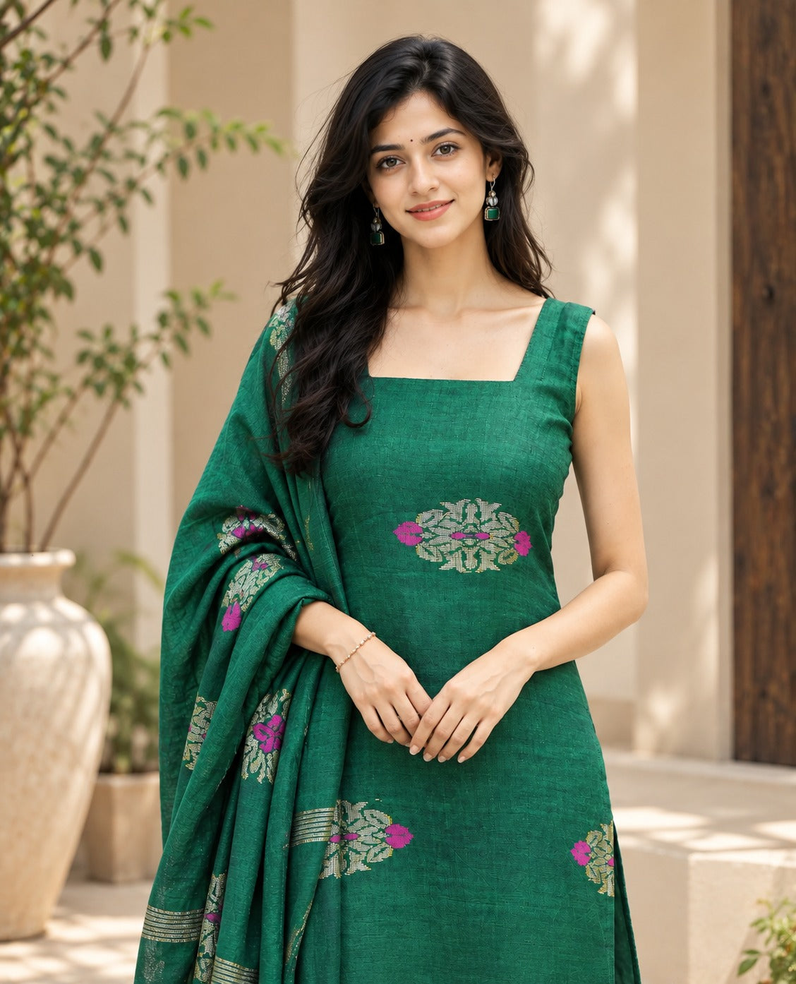 Emerald Green Floral Printed Kurta Pant Set with Dupatta