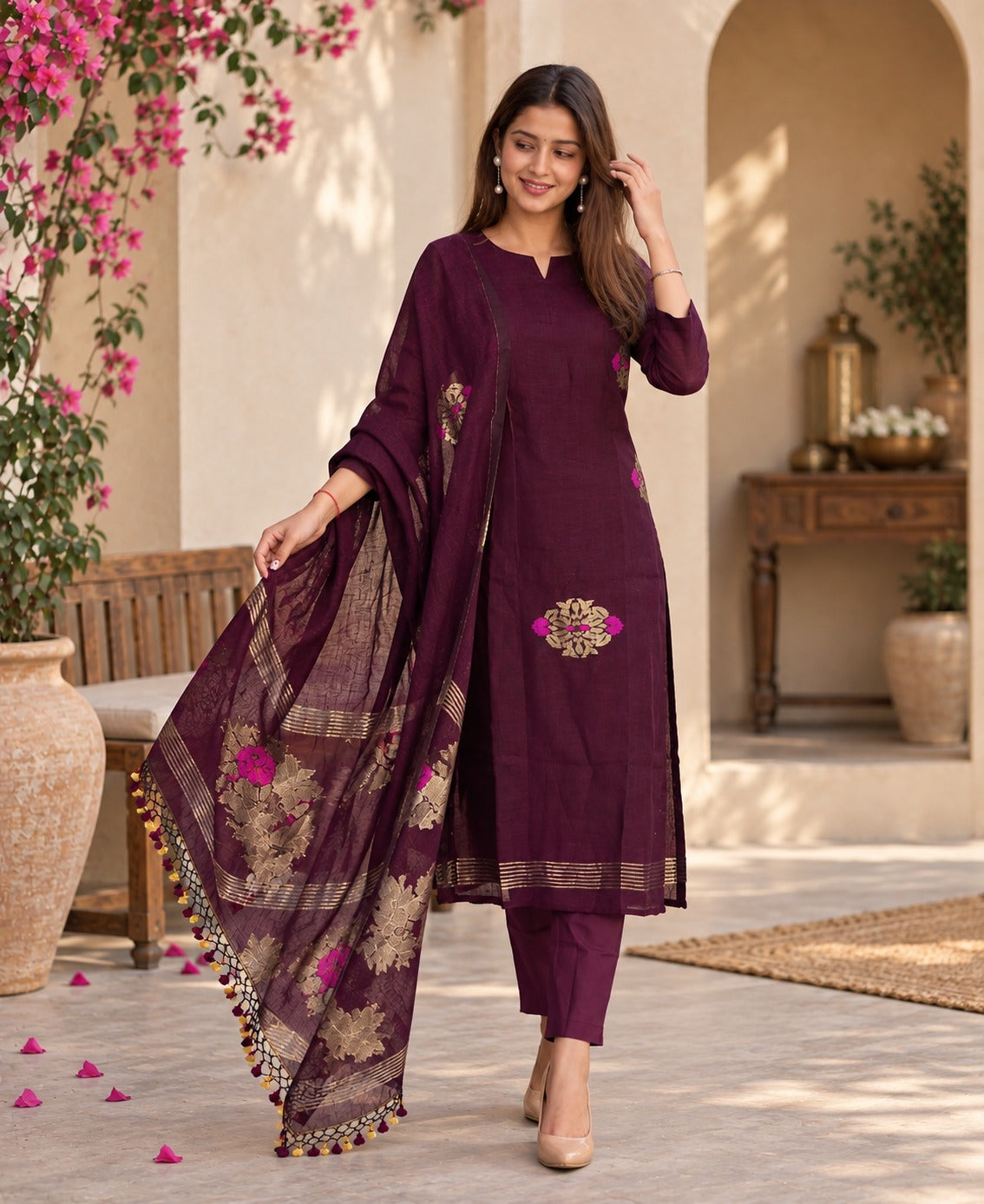 Wine Maroon Embroidered Kurta Pant Set with Printed Dupatta for Women