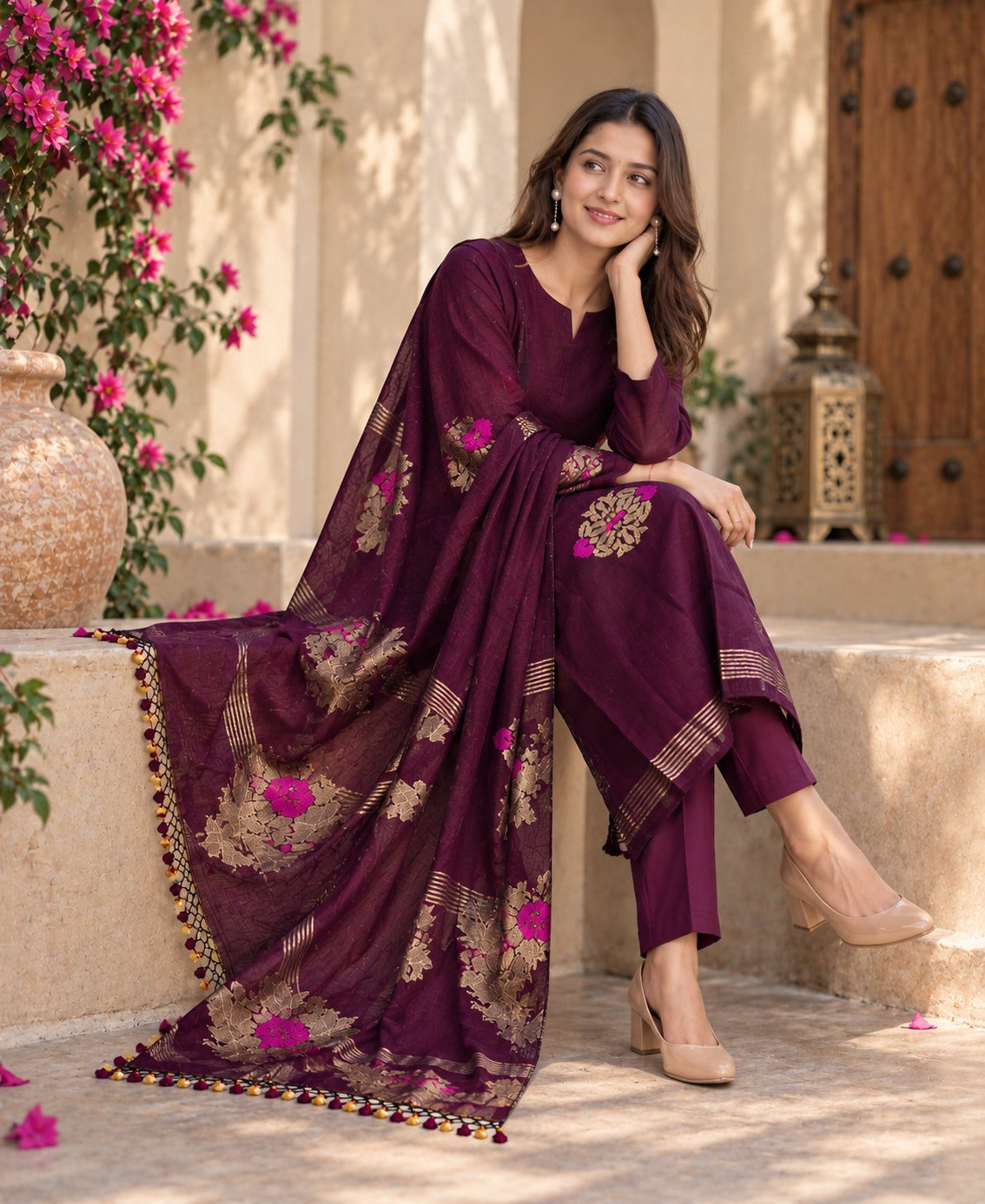 Wine Maroon Embroidered Kurta Pant Set with Printed Dupatta for Women