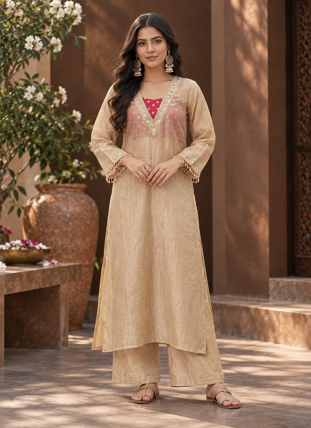 Women’s Cream Embroidered Anarkali Kurta Pant Set – Festive Ethnic Wear