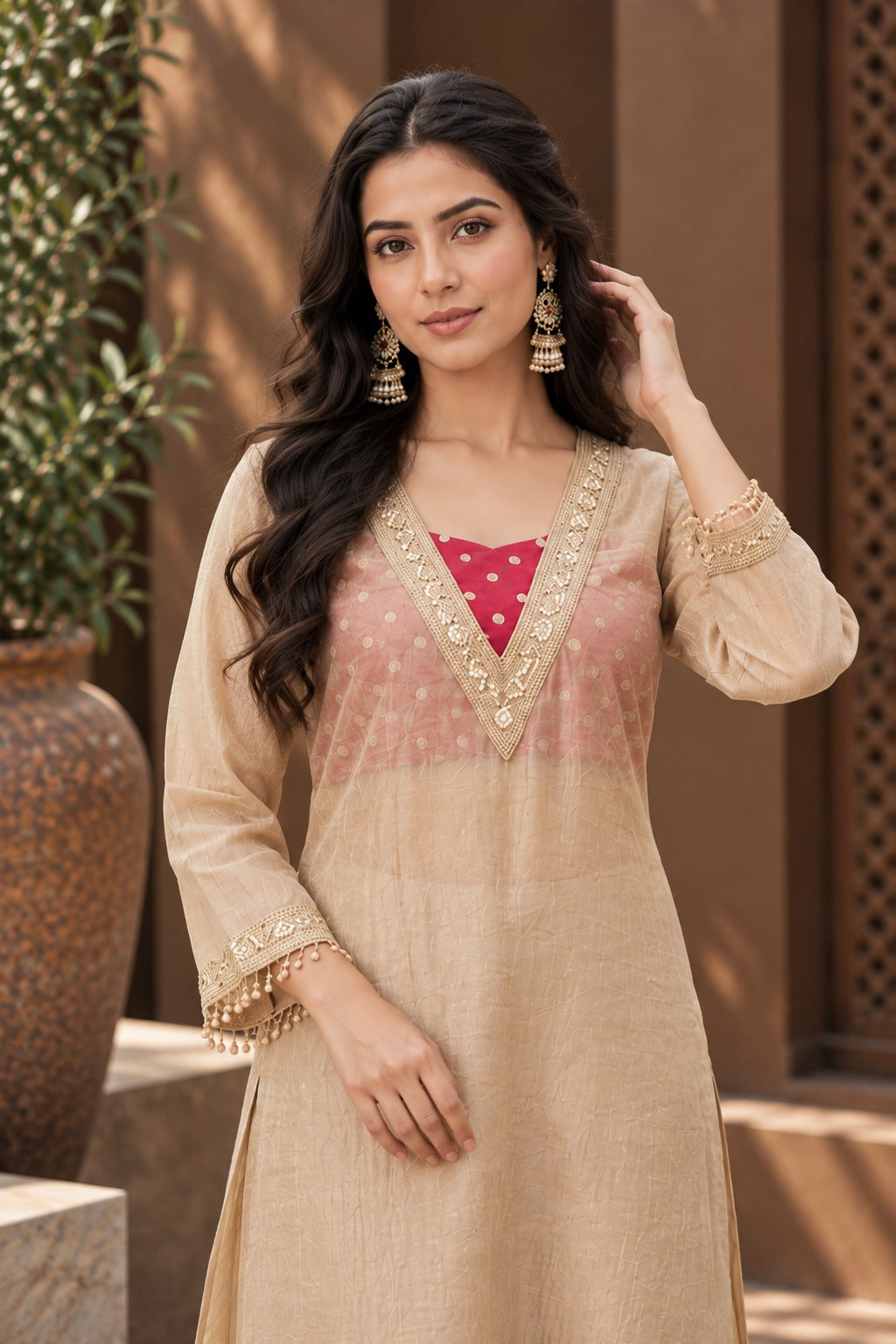 Women’s Cream Embroidered Anarkali Kurta Pant Set – Festive Ethnic Wear