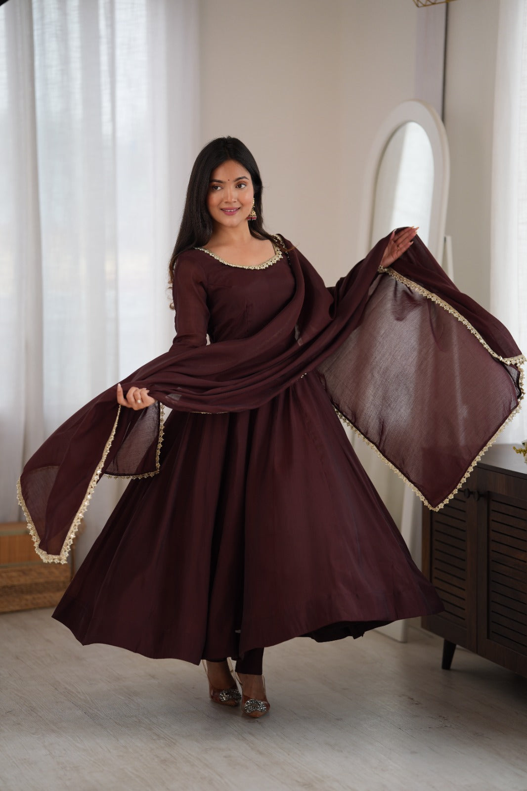 Wine Brown Anarkali Suit Set with Dupatta – Festive & Party Wear