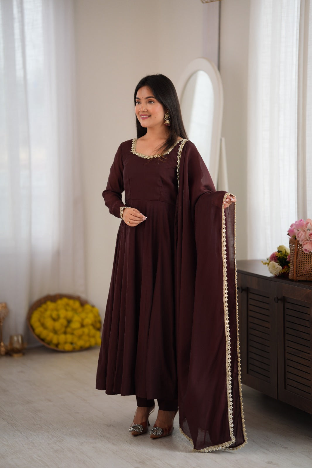 Wine Brown Anarkali Suit Set with Dupatta – Festive & Party Wear