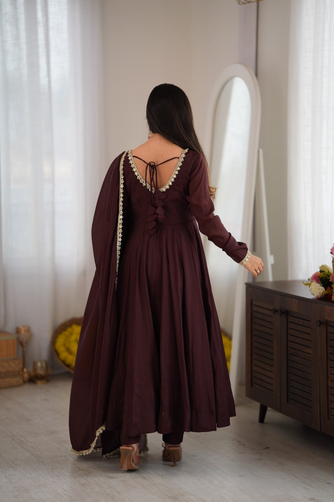 Wine Brown Anarkali Suit Set with Dupatta – Festive & Party Wear